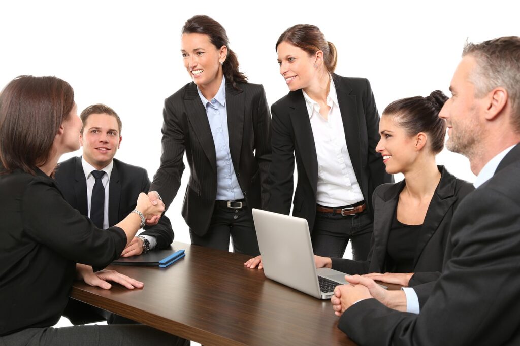 Group of colleagues collaborating and brainstorming ideas during a team meeting